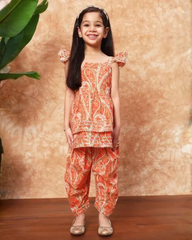 Orange Bandhani-Style Dhoti Set – Sleeveless Top with Bow Straps