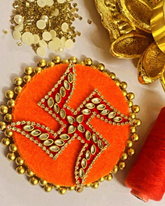 Swastik Decorative Rangoli – White Diamond & Gold Motifs on Round MDF with Gold