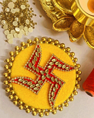 Swastik Decorative Rangoli – White Diamond & Gold Motifs on Round MDF with Gold