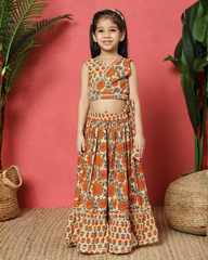 Mustard Floral Lehenga Choli Set with Wrap Style Top