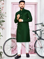 Green Blended Cotton Kurta Set with Thread Work