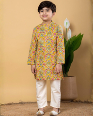 Cotton Yellow Floral Print Kurta with Off White Pants
