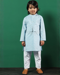 Blue White Stripe Kurta with Jacket, White Pants and Silver Shimmer