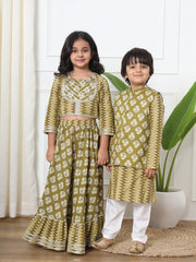 Sibling Twinning Set Olive Green Ethnic Kurta & Gharara Set for Girls and Boy