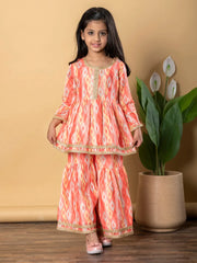 Coral Harmony Sibling Twinning Set Ethnic Ikat-Inspired Kurta & Sharara Combo