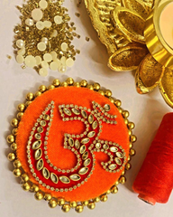 OM Decorative Rangoli – White Diamond & Gold Motifs on Round MDF with Gold Beads