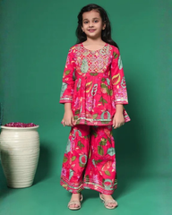 Floral Printed Kurta & Sharara Set – Bright Pink Festive Wear