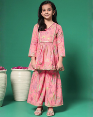 Peach Pink Kurta & Sharara Set – Floral Embroidered Festive Wear