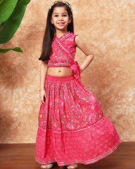 Pink Embroidered Lehenga Choli Set with Wrap Style Top