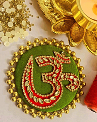 OM Decorative Rangoli – White Diamond & Gold Motifs on Round MDF with Gold Beads