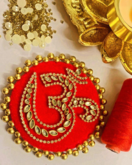 OM Decorative Rangoli – White Diamond & Gold Motifs on Round MDF with Gold Beads