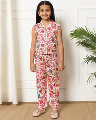 Sleeveless Pink White Floral Cotton Coord Set