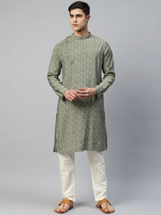 Green Muslin Kurta Set with selfprint deisgn