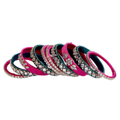 Hot Pink & Emerald Silk Thread Embellished Bangle Set
