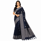 Navy Blue Silk Saree with Traditional Silver Zari Border
