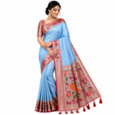 Sky Blue Silk Saree with Floral Multicolor Weaving