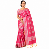 Coral Pink Silk Saree with Silver Zari Detailing