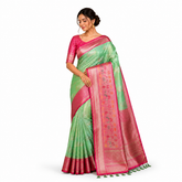 Mint Green Silk Saree with Pink Zari Border