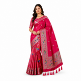 Rani Pink Silk Saree with Copper Zari Border & Bird Motifs