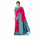 Teal & Pink Contrast Silk Saree with Heavy Zari Pallu