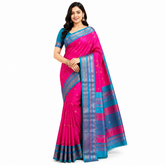 Teal & Magenta Silk Saree with Striped Zari Border