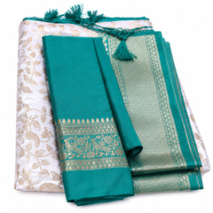 Ivory Silk Saree with Teal Zari Border