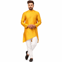 Yellow Cotton Kurta Set with Self-Print
