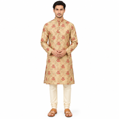 Beige Cotton Kurta Set with Floral Work