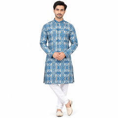 Blue Cotton Kurta Set with thin gold Resham Work