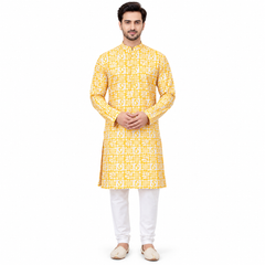 Yellow Dupion Silk Kurta Set with Self Print