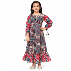 Maroon Teal Printed Cotton Maxi Dress with Tassel Tie Waist