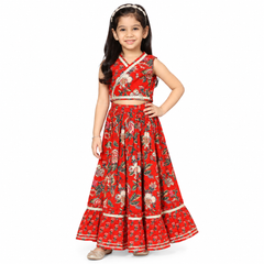 Red Floral Lehenga Choli Set Wrap Style Sleeveless Design