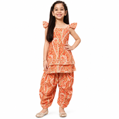Orange Bandhani-Style Dhoti Set – Sleeveless Top with Bow Straps