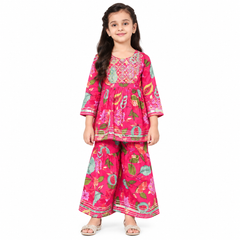 Floral Printed Kurta & Sharara Set – Bright Pink Festive Wear