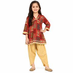 Girls Rust Ethnic Print Kurta and Beige Patiala Set