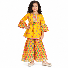 Girls Yellow Floral Printed Top and Sharara Set with Bell Sleeves