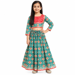 Green Red Lehenga with Golden Strips Set Girls