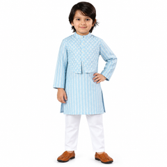 Blue White Stripe Kurta with Jacket, White Pants and Silver Shimmer