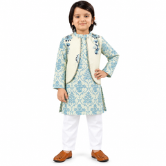 Light Blue Printed Kurta with White Pyjama & Embroidered Nehru Jacket Set