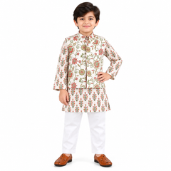 Floral Printed Kurta with Cream Pyjama & Ethnic Nehru Jacket Set