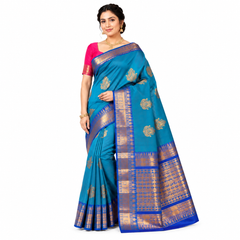 Elegant Blue Gadwal Silk Saree with Gold Border