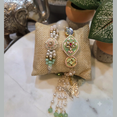 Bhaiyaa Bhabhi Mint Kundan Rakhis with Pearl & Crystal Beads