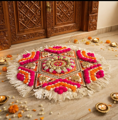 Handcrafted Pink Felt Floral Tealight Rangoli Set with Mirror & Pearl Accents