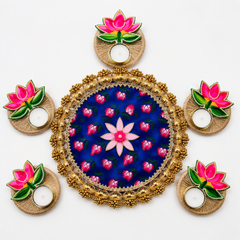 Handcrafted Royal Blue Floral Rangoli Set with Lotus Diya Holders