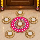 Handcrafted Pink Mirror Rangoli Set with Crystal Diya Holders