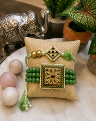 Pair of Handcrafted Emerald Kundan Rakhis with Green Beads