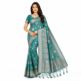 Teal Silk Saree with Silver Zari Floral Border