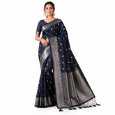Navy Blue Silk Saree with Silver Zari Motifs