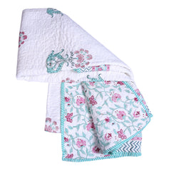Single Bed Comforter Set of 2 Quilted Cotton Pink & Mint Floral Print