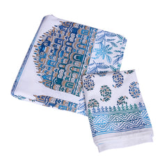 Handcrafted Cotton Bedding Set with Blue Architectural & Floral Print